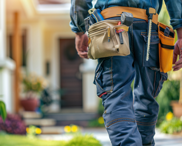 Mann in Arbeitsbekleidung von hinten, läuft Richtung eine Haustür