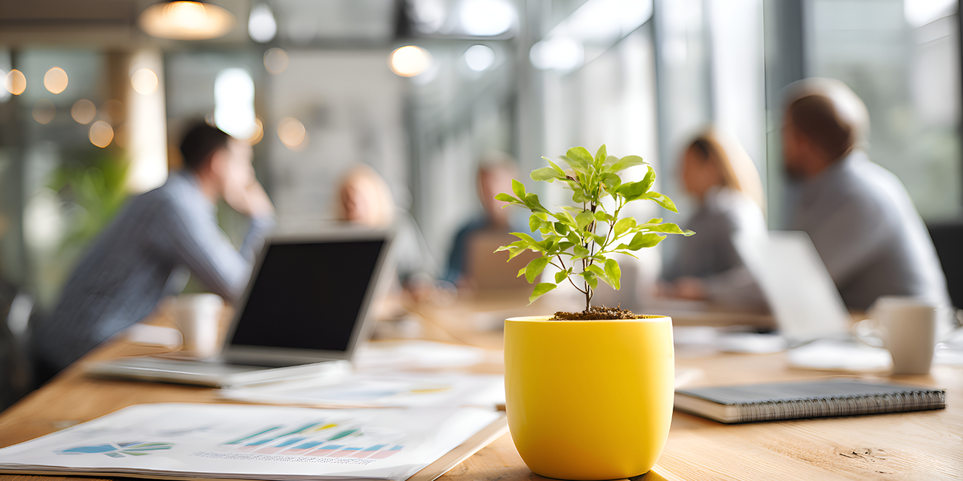 Das Bild zeigt eine junge Pflanze auf einem Schreibtisch in einer modernen Arbeitsumgebung. Es steht sinnbildlich für Wachstum, Zukunftssicherheit und nachhaltige Entwicklung – Werte, die Glasfaser als moderne Infrastruktur für Unternehmen und Arbeitswelten unterstützt.
