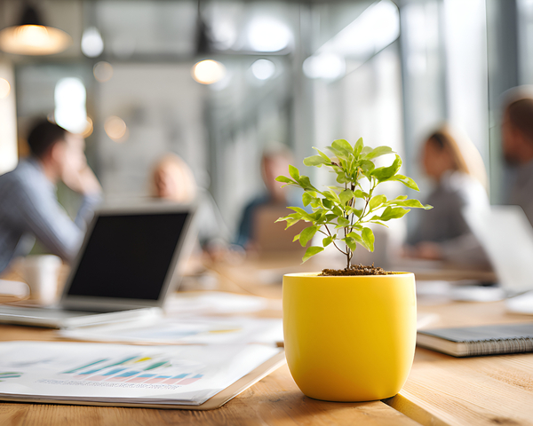Zukunftssichere Infrastruktur für modernes Arbeiten Pflanze auf einem Schreibtisch in moderner Büroumgebung