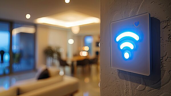 Büro im Hintergrund, verschwommen dargestellt, im Vordergrund ein WIFI Symbol