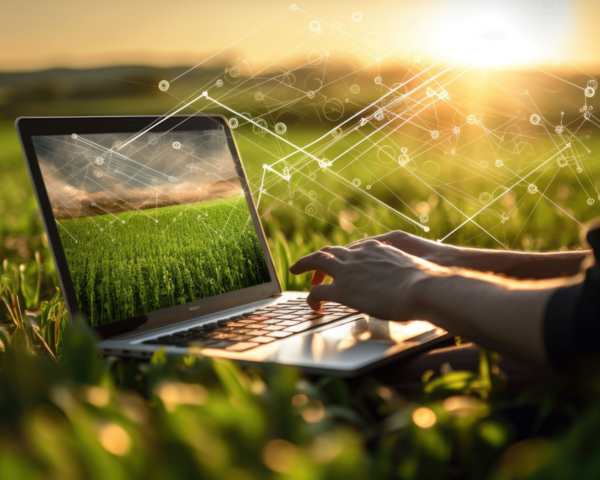Laptop liegt im Rasen und wird von zwei Händen bedient