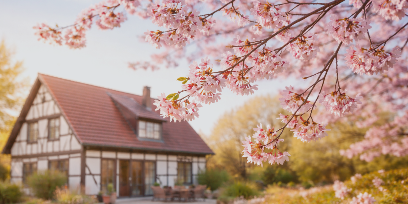 Zarte rosa Kirschblüten im Vordergrund, dahinter ein Haus mit Garten in warmem Frühlingslicht. Das Bild vermittelt eine helle, freundliche Atmosphäre und steht für einen frischen Start in die neue Saison.