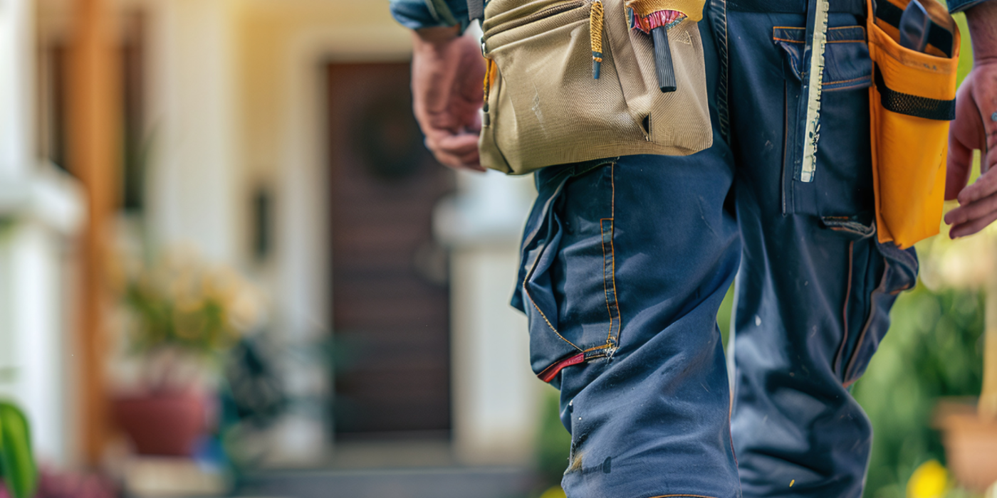 Mann in Arbeitskleidung von hinten, läuft in Richtung Haustür